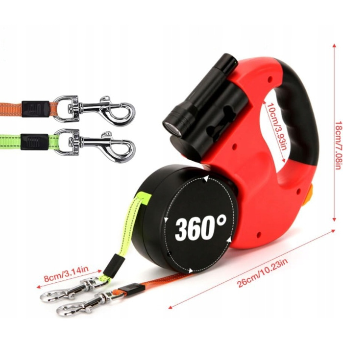 Подвійний автоматичний рулетки-повідець для собак 3м з ліхтариком, міцний ретрактор до 10 кг