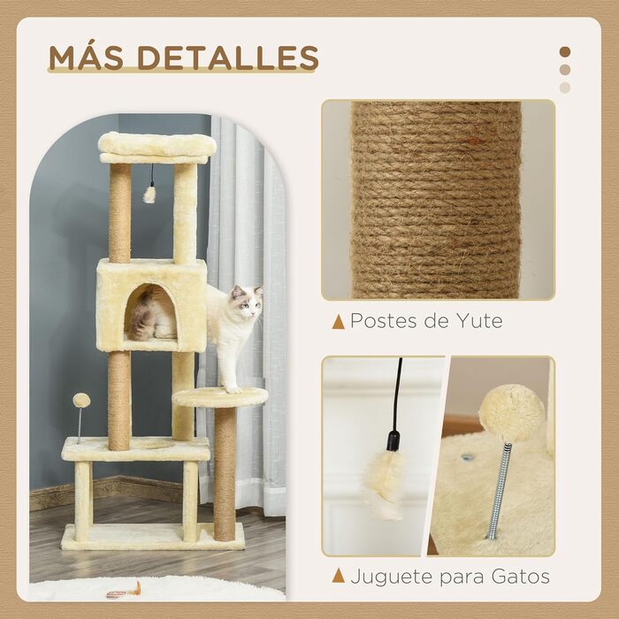 Велика дряпка для котів PawHut 60x34x136 см з платформами, знімними плюшевими будиночками, джутовими стовпчиками та підвісним м’ячиком, бежева