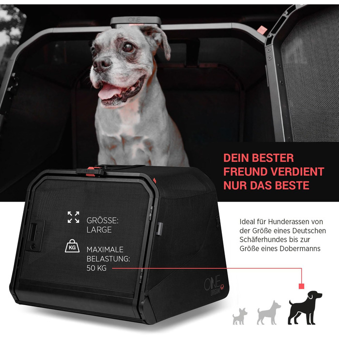 Транспортна переноска для собак 1one1 Origami Medium | Алюмінієва переноска для автомобіля | Складана переноска для собак з тестуванням на аварійність | Переноска для собак з алюмінію та текстилю (Large - до 50 кг)