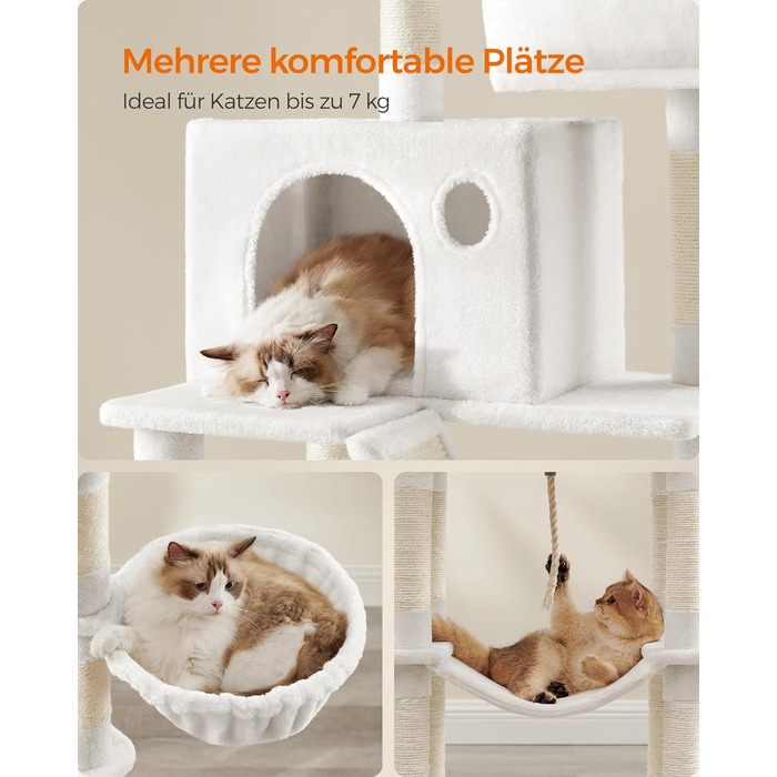 Котячий комплекс Feandrea 206 см, 13 стовпчиків, 2 платформи, 2 будиночки, кошик, гамак, канат, плюш, багаторівневий для домашніх котів, кремовий PCT190T01