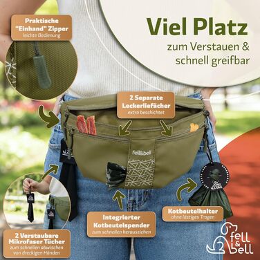 Сумка для ласощів для собак fell&bell - водонепроникна, з 2 відділеннями для снеків, 1,8 л основного відділення, кишеня для телефону та диспенсер для відходів | Сумка для годування собак, тренувань та цуценят (Оливковий)