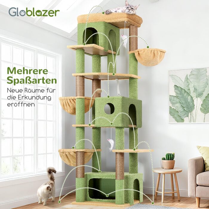 Драбина для котів Globlazer 204 см з 3 будиночками, 2 великими платформами, 3 м'якими кошиками, стабільна, для 3-5 котів, відпочинок, ігри, дряпання, зелений (XXL)