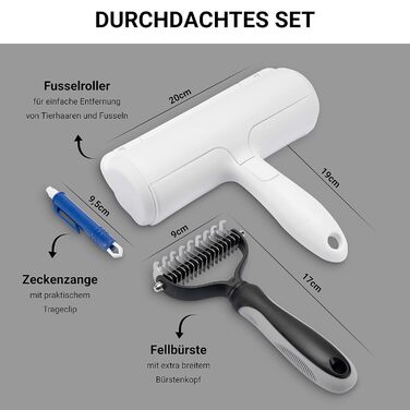 Набір для грумінгу тварин: щітка для собак та котів, XL роликовий збирач ворсу, щипці для видалення кліщів. Підходить для довгої та підшерсткової шерсті. Ефективно видаляє шерсть.