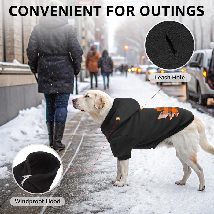 Теплий флісовий светр для собак SCENEREAL з капюшоном, чорного кольору, з принтом листя клена, розмір S. Підходить для холодної погоди та як костюм на Хелловін.