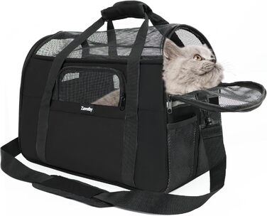 Транспортна сумка для котів та собак, дихаюча та складна, переноска для котів з регульованим плечовим ременем, знімний плюшевий килимок (Чорний, M)