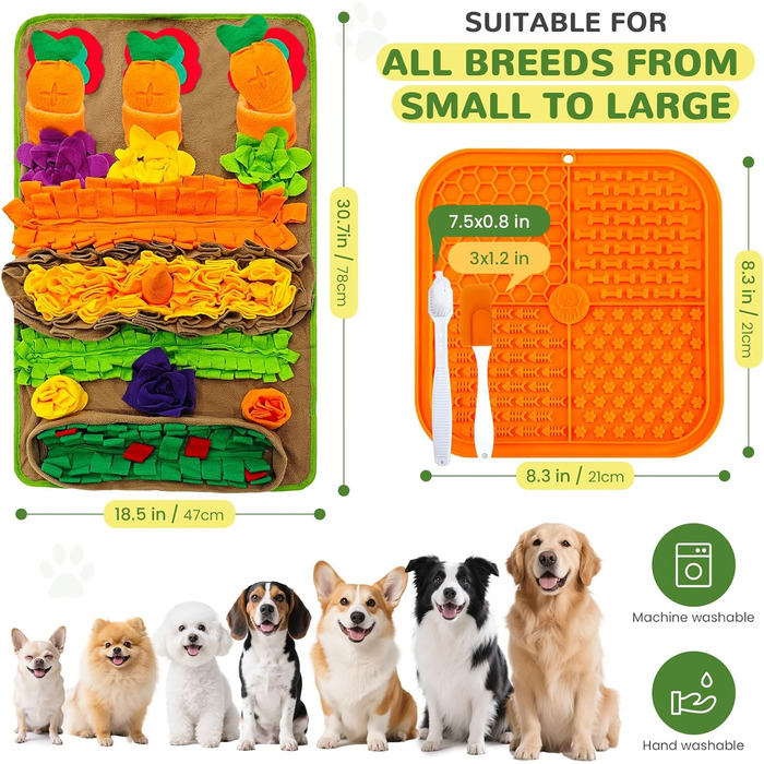 Нюхальна килимок для собак великих порід та силіконовий килимок для ласощів, інтерактивна іграшка-головоломка, щоб зайняти собаку, розвиваюча нюхальна килимок для повільного годування. Розміри: 76,2 x 45,7 см (килимок) + 20,3 x 20,3 см (силіконовий килимо