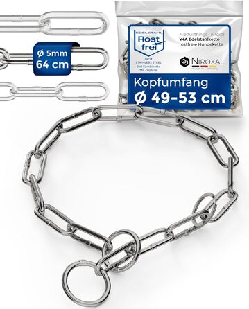 Нашийник для собак з обхватом шиї 49-53 см, нержавіюча сталь V4A, нашийник-ланцюг з запобіжником, довге ланцюгове кільце, товщина 5 мм, загальна довжина 64 см
