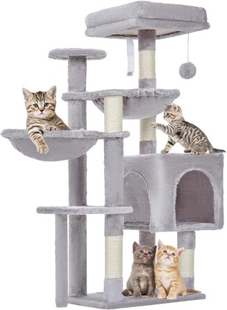 Котячий комплекс Taoqimiao MS019W для кімнатних котів, 100 см, світло-сірий, плюшевий будиночок з 5 стовпчиками для дряпання, 2 гамаки, помпони, для кошенят