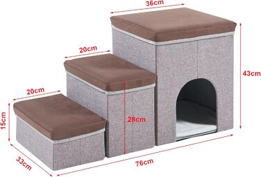 Сходи-рампа для собак і котів [en.casa] Vojens, 3 ступені, з нішою, для ліжка та дивану, складна, 76x33x43 см, коричнева/сіра