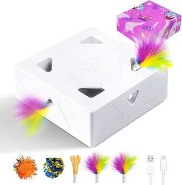 Інтерактивна іграшка для котів Migipaws 3 в 1 MigiBox: електрична коробка з 12 отворів, захована іграшка, паперовий матеріал, для розваги, перезаряджається (біла Migibox)
