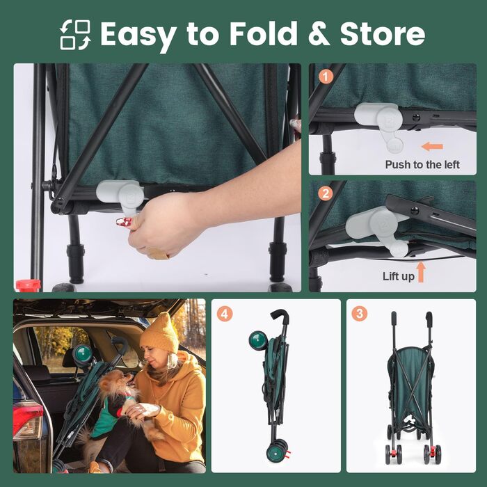 Дитяча коляска 3-в-1 для собак та котів, складана, 6 коліс, дихаюча сітка, темно-зелена
