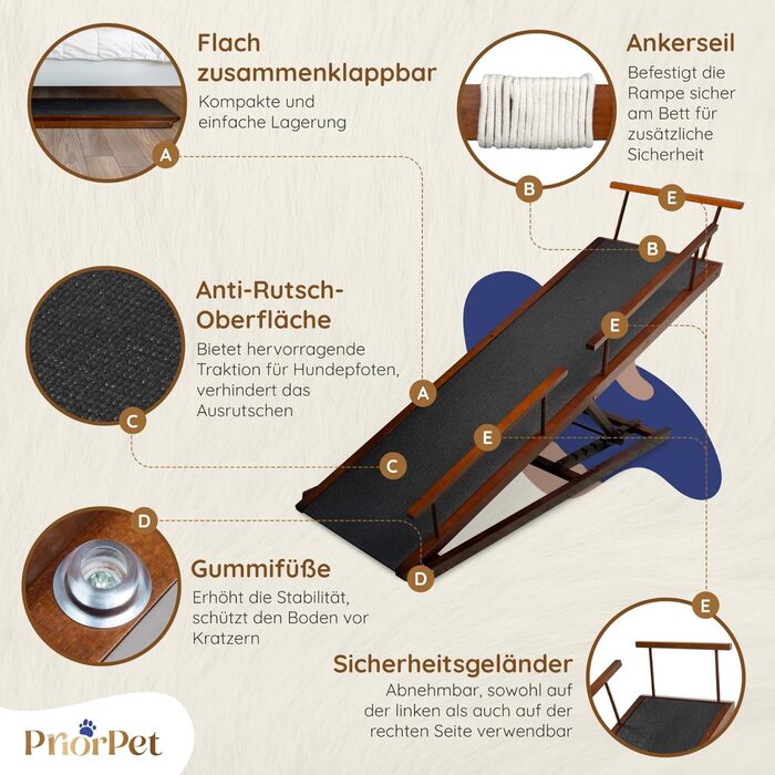 Сходинки для собак PRIORPET з берези з захисним бар'єром - регульована висота до 94.5 см - складаються - антиковзке покриття - для собак до 23 кг - колір: горіх
