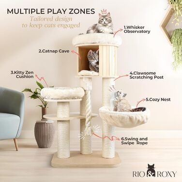 Велика сучасна когтеточка для домашніх котів Rio & Roxy, дерев'яний кітовий комплекс з лежаком, будиночком, драбинкою та гамаками, преміум меблі для кішок