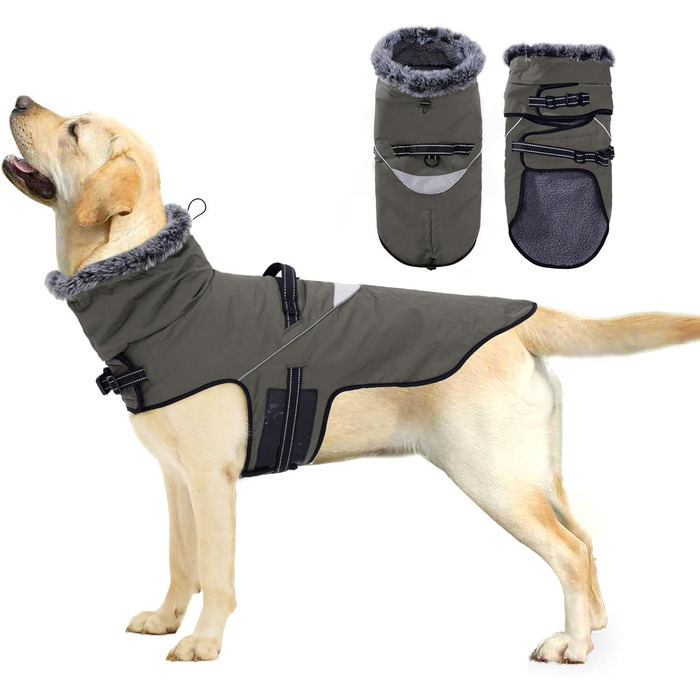 PAWIVID Водонепроникний зимовий одяг для собак - теплий, вітрозахисний одяг з шлейкою та фіксатором для малих, середніх та великих собак, для прогулянок, кемпінгу та походів (сіро-коричневий, M)