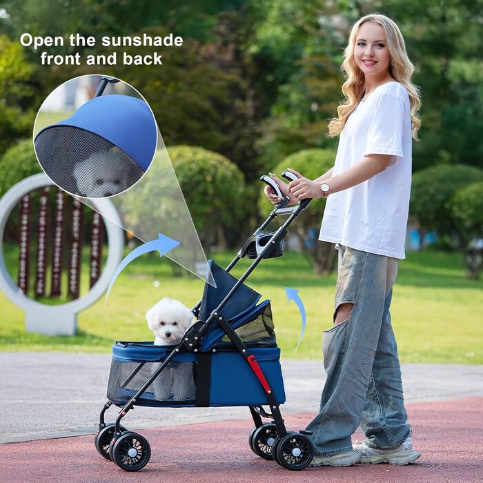 Легкий та складаний переносний візок для собак, блакитний. З сонцезахистом, гальмами та місцем для зберігання (до 10 кг)