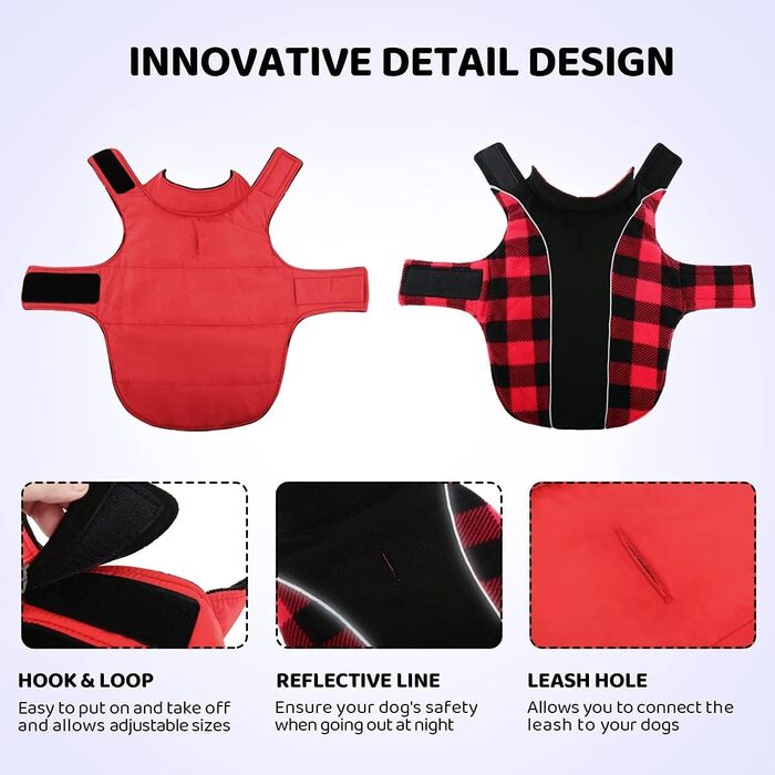 Теплий зимовий одяг для собак Citétoile з захистом живота, світловідбиваючими елементами та отвором для повідка, XXL (X-Small, Червоний)