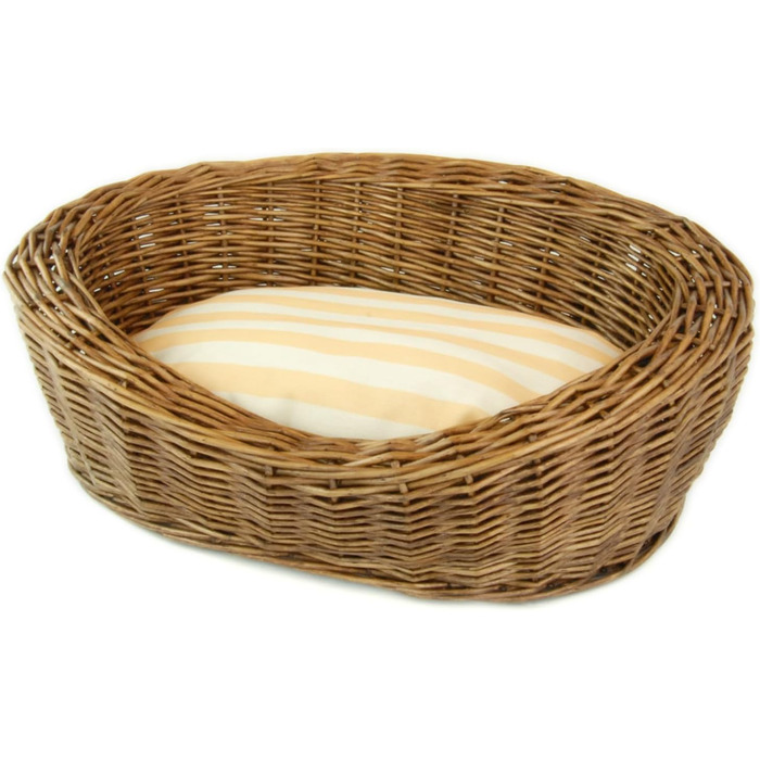 Ліжко для собак та котів, плетене з лози, кругле, з стьобаним подушкою в смужку, розмір S, коричневе