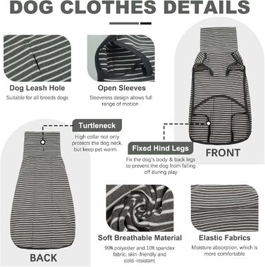 Зимовий одяг для собак ROZKITCH: теплий пуловер/комбінезон, захист від вітру, для маленьких, середніх та великих собак, сіро-білі смуги, 2XL (довжина спини: 22-25 дюймів)