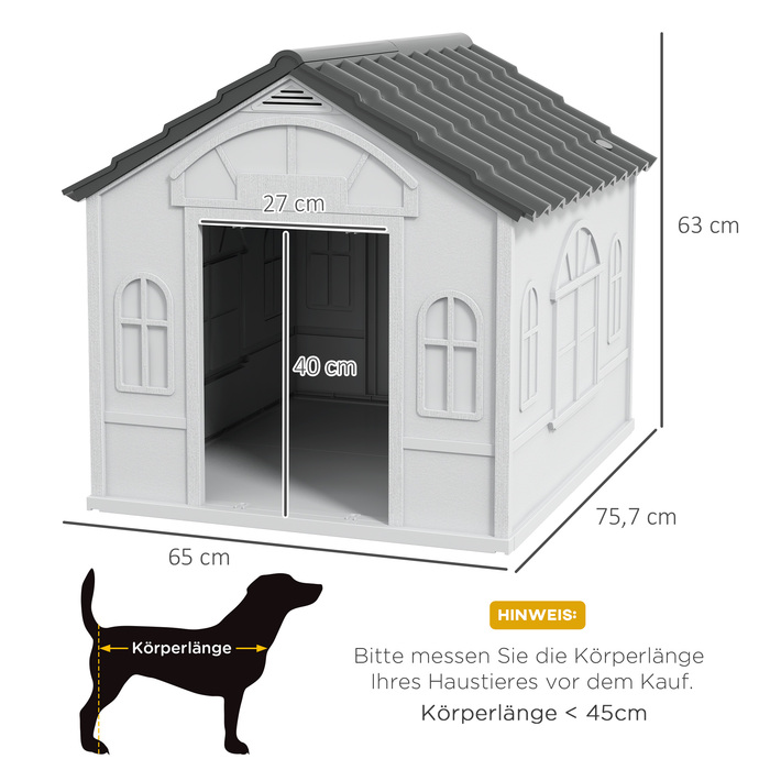 PawHut Dog House, Будка для собаки з сідловим дахом, Погодостійкий будиночок для маленьких домашніх тварин для середніх собак до 20 кг, Будка для собак на відкритому повітрі, 65 x 75,7 x 63 см, Сірий | Аосом