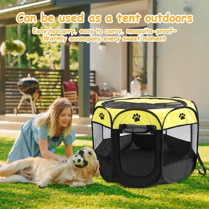 Клітка-забіг для цуценят та тварин, 74x74x43 см. Клітка-вольєр для собак, котів, кроликів та дрібних тварин для використання в приміщенні та на вулиці (жовта, восьмикутна)