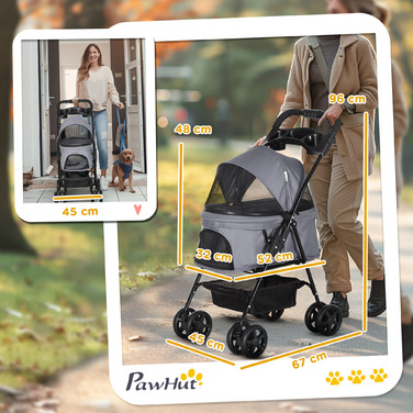 Коляска для собак PawHut Dog Buggy Folding Function Коляска для маленьких собак і кішок Oxford Grey 67x45x96 см, складна та легка