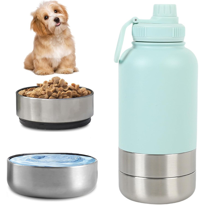Поїлка для собак на прогулянці 950 мл – ізольована сталева поїлка з мискою для їжі та води, портативна, BPA-free, для подорожей, прогулянок та активного відпочинку (Світло-блакитний, L)