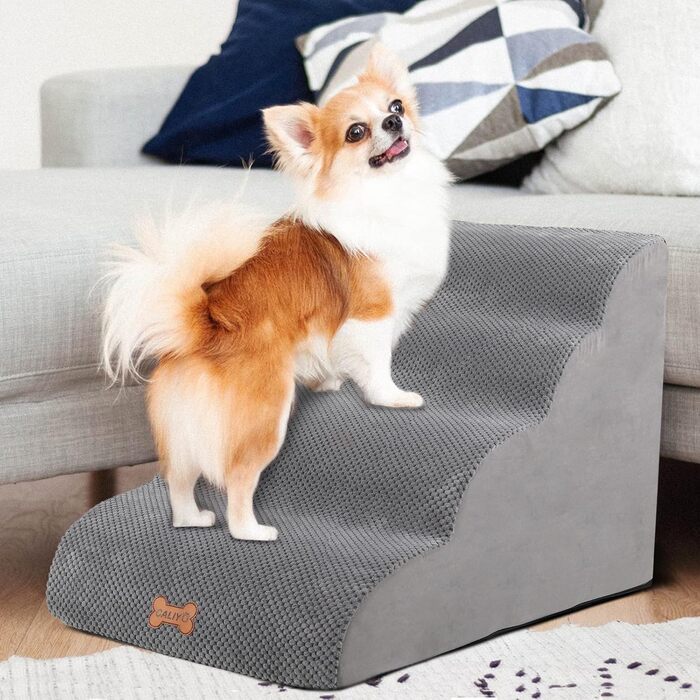 Сходинки для собак Caliyo, 3/4 сходинок, для маленьких собак, з високощільним губчастим матеріалом, знімний чохол та антиковзаюче покриття (60 x 40 x 40 см, сірий)