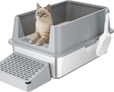 Лоток для котів Lifewit 28L з нержавіючої сталі, відкритий, 60x40x30 см, з лопаткою та педалем, сірий. Лоток для котів XXL, великий, без кришки, для великих котів, для вітальні, спальні