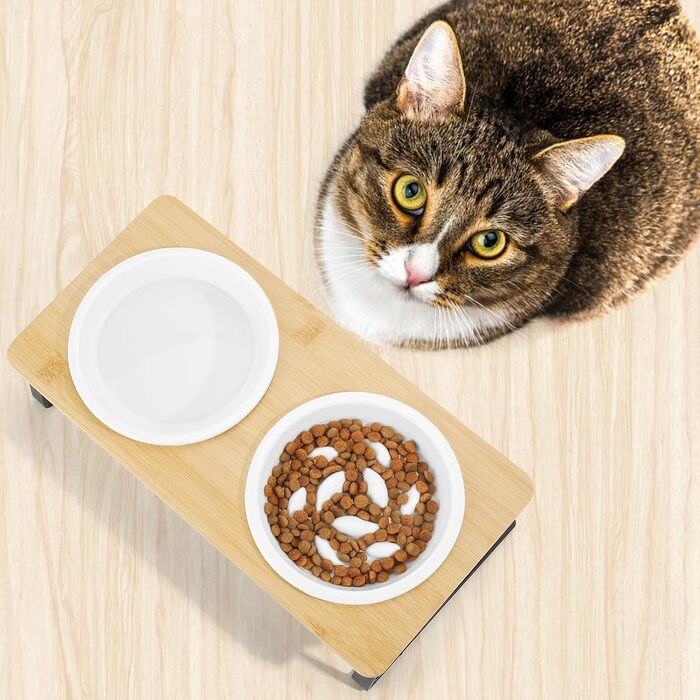 Набір мисок для котів PETTOM Anti-Schling з кераміки: піднята миска з нахилом 15°, бамбукова підставка, протиковзаюча, для вологого та сухого корму