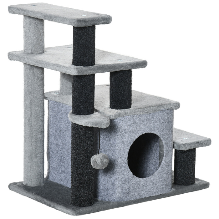 PawHut Pet Stairs 3/4-ступінчасті сходинки для кішок зі спальним місцем та ігровим м'ячем, плюшевий чохол, міцна ДСП для котів