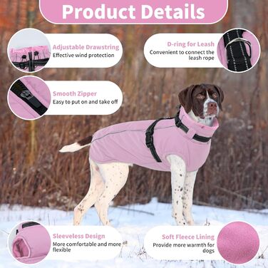 Теплий зимовий одяг для собак Lelepet: куртка з інтегрованим шлейкою, вітронепроникний флісовий одяг, світловідбиваюча жилетка для собак, XL (XX-Large, рожевий)