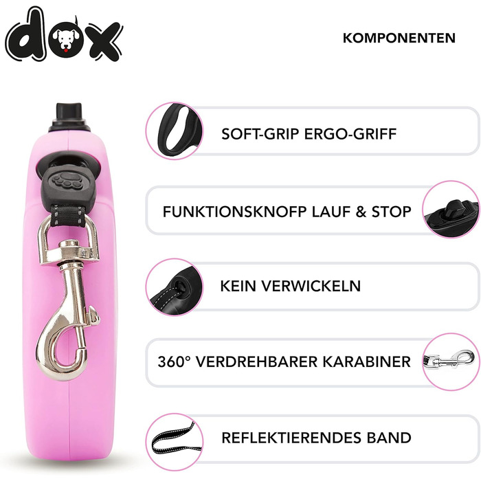 Рулетка для собак DDOXX - міцна, світловідбиваюча, рожева, до 20 кг, 5 м