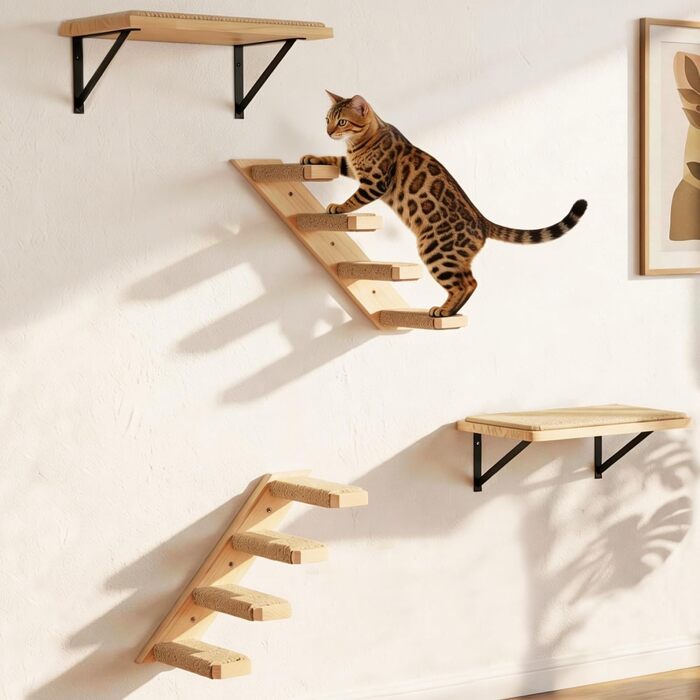 Комплект меблів для котів на стіну Katzen Kletterwand: драбинка, 2 полички для сну, 4 ступені, сосна