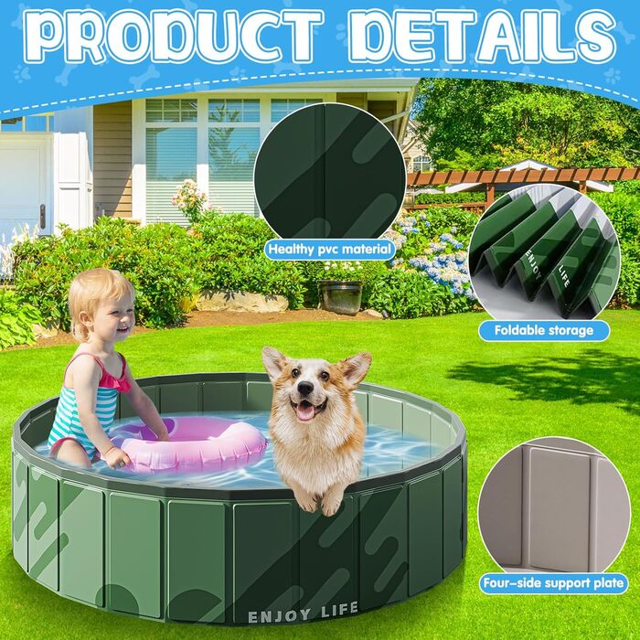 Дитячий басейн для собак та дітей, складаний, з ПВХ, антиковзаюча поверхня, для балкону, великий (80x20 см)