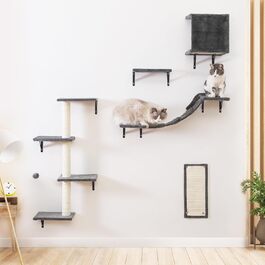 Стіна для котів Kletterwand, набір 5-в-1: полички, міцний дерев'яний комплекс з котячим будиночком, мостом, деревом, драбинкою та дряпкою, витримує до 10 кг (сірий)