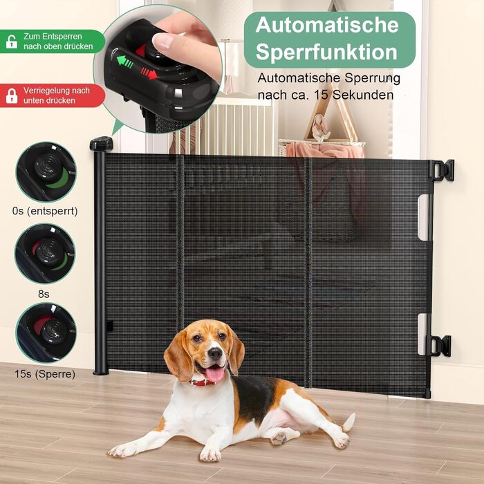 Захист для сходів з замком, висувний захист для дітей та собак, 150 см ширина, 83 см висота, автоматична засувка, чорний (140 см, без свердління)