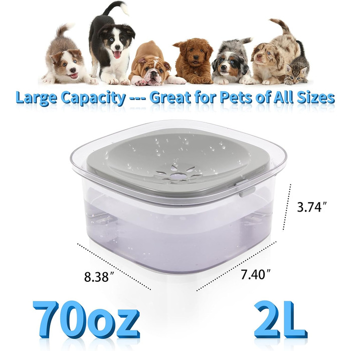 Миска для води для собак Decyam, 2L, не протікає, анти-розбризкування, срібна