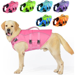 Жилет для плавання собак великий, безпечний жилет для собак, для плавання та катання на човнах, світловідбиваючий жилет для цуценят з надзвичайною плавучістю та ручкою для рятування, регульований, рожевий