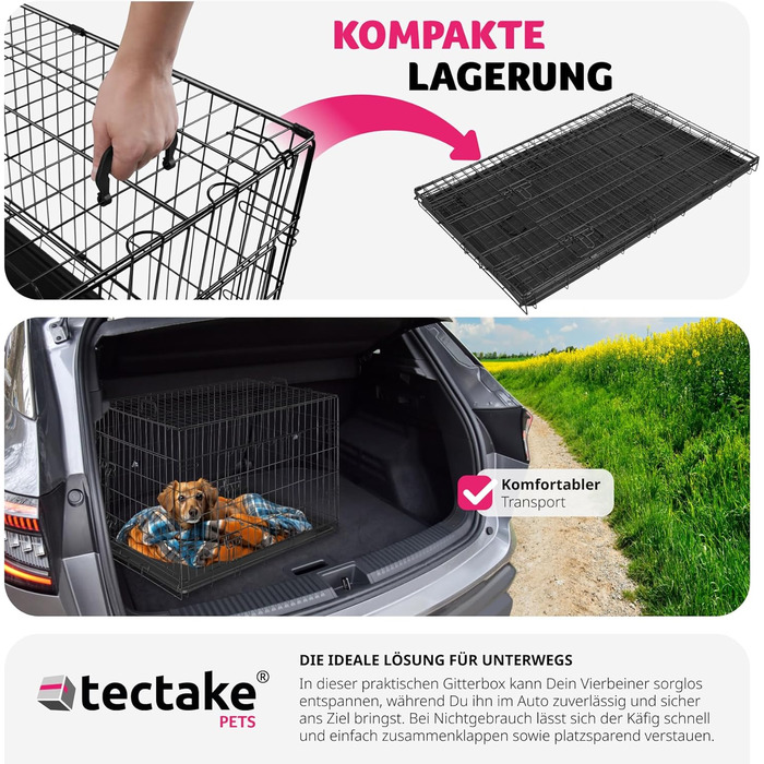 Тектейк® Клітка для собак, переноска для собак, клітка-переноска для собак, складана переноска для собак, стабільна переноска для собак, цуценят, для автомобіля, кемпінгу та дому - (91,5 x 59,5 x 64 см)