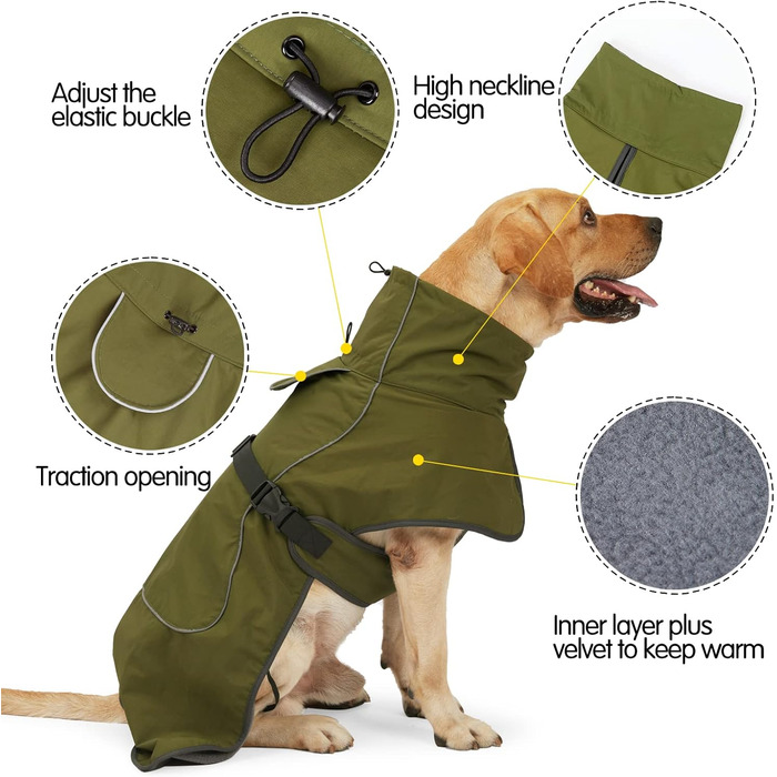 Водонепроникний собачий дощовик Pawivd з флісовою підкладкою - теплий зимовий дощовик та куртка для собак з світловідбиваючими смугами - для активного відпочинку в приміщенні та на вулиці, всі розміри (Хакі, XL)