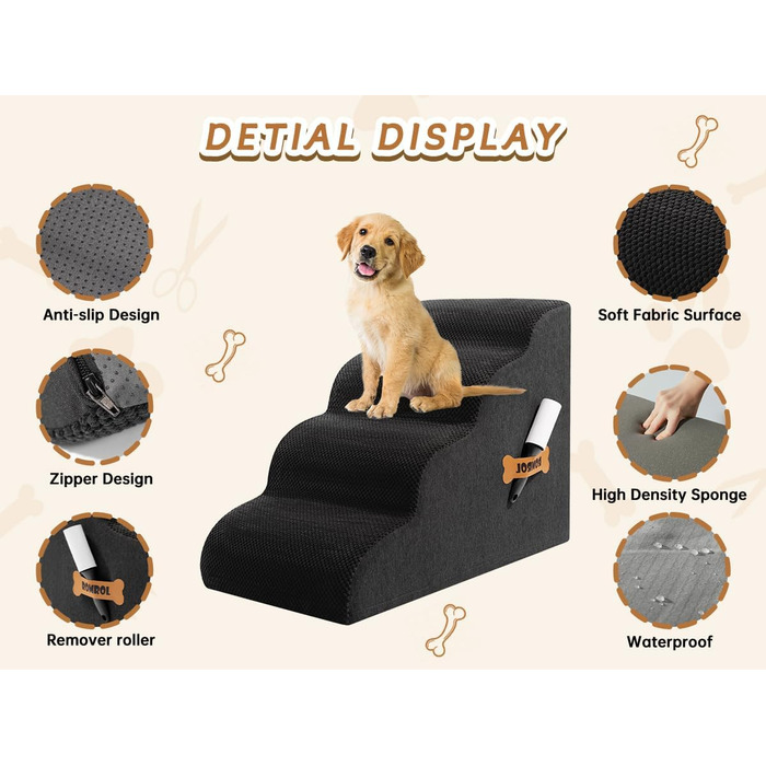 Сходинка для собак та котів Romrol – 4 сходинки, чорний колір, з неслизьким покриттям, з Memory Foam, для захисту суглобів