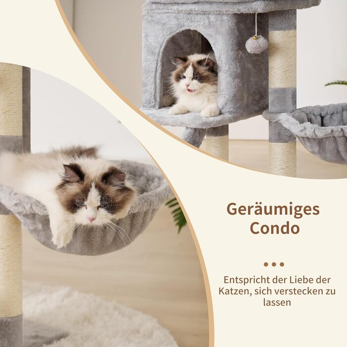 Кігтеточка Heybly Kratzbaum 75 см: кігтеточка-вежа з платформою, будиночком, гамаком, драбиною та іграшками для котів, сірий колір, HCT009SM