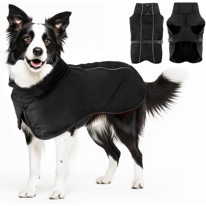 Водонепроникний зимовий теплий одяг для собак - тепла куртка з флісовою підкладкою та високим коміром, чорна, для середніх та великих порід
