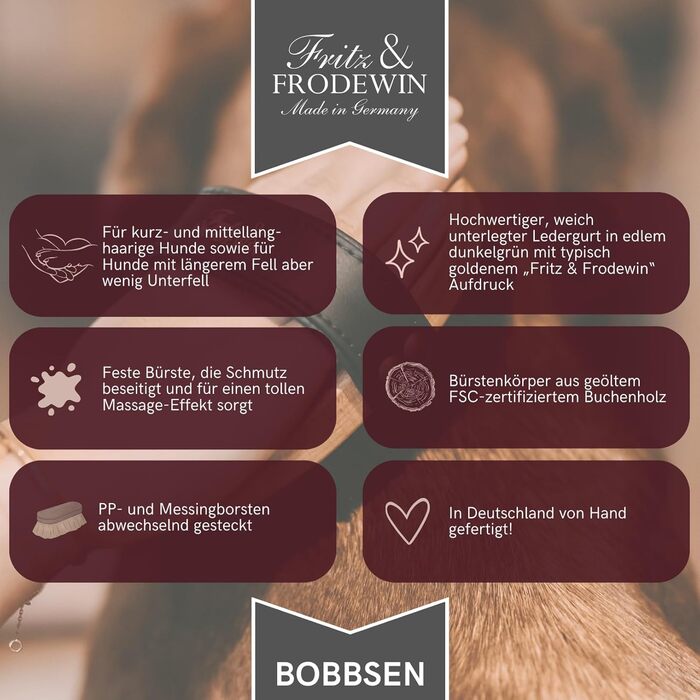 Щітка для собак Fritz & Frodewin Bobbsen для короткої та середньої шерсті | Масажна щітка з FSC-дерева | Шкіряний ремінь | Виготовлено в Німеччині