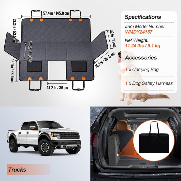 Захисна ковдра для собак VEVOR на заднє сидіння авто, 137x61 см, до 180 кг, з жорсткою основою, сітчастим вікном та кишенею для зберігання