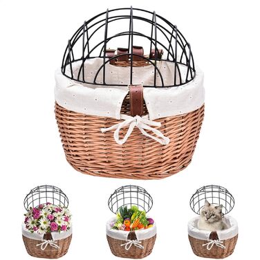 Плетенний велосипедний кошик для котів з дрітчастою кришкою | Велосипедний кошик для тварин з лози | Знімний переносник для собак, цуценят та котів