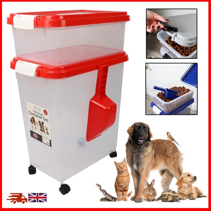 DIVCHI Контейнер для зберігання корму для тварин, 3 шт. з мірною ложкою, для собак, котів, корму для тварин, сухий корм, з роликами (Червоний)