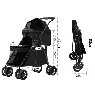 Складаний візок для собак на 2 ярусах, переноска для домашніх тварин до 24 кг, візок для собак з сітковими віконцями, ремінь безпеки, 4 колеса, складаний візок для котів та маленьких собак (чорний)