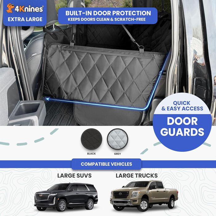 Авточохол на сидіння для собак 4Knines з жорсткою основою – водонепроникний, для автомобілів, SUV, вантажівок – захист дверей EZ off (чорний, XL)