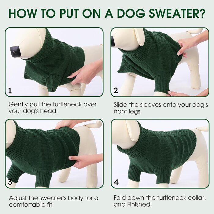 Теплий зимовий пуловер для собак великих порід L, зелений. Пуловер з ворітцем-горловиною, машинного в'язання, для Французького бульдога, Шнауцера, Мальтезе, Бішон Фрізе, Бостон-тер'єра. Легко прати.